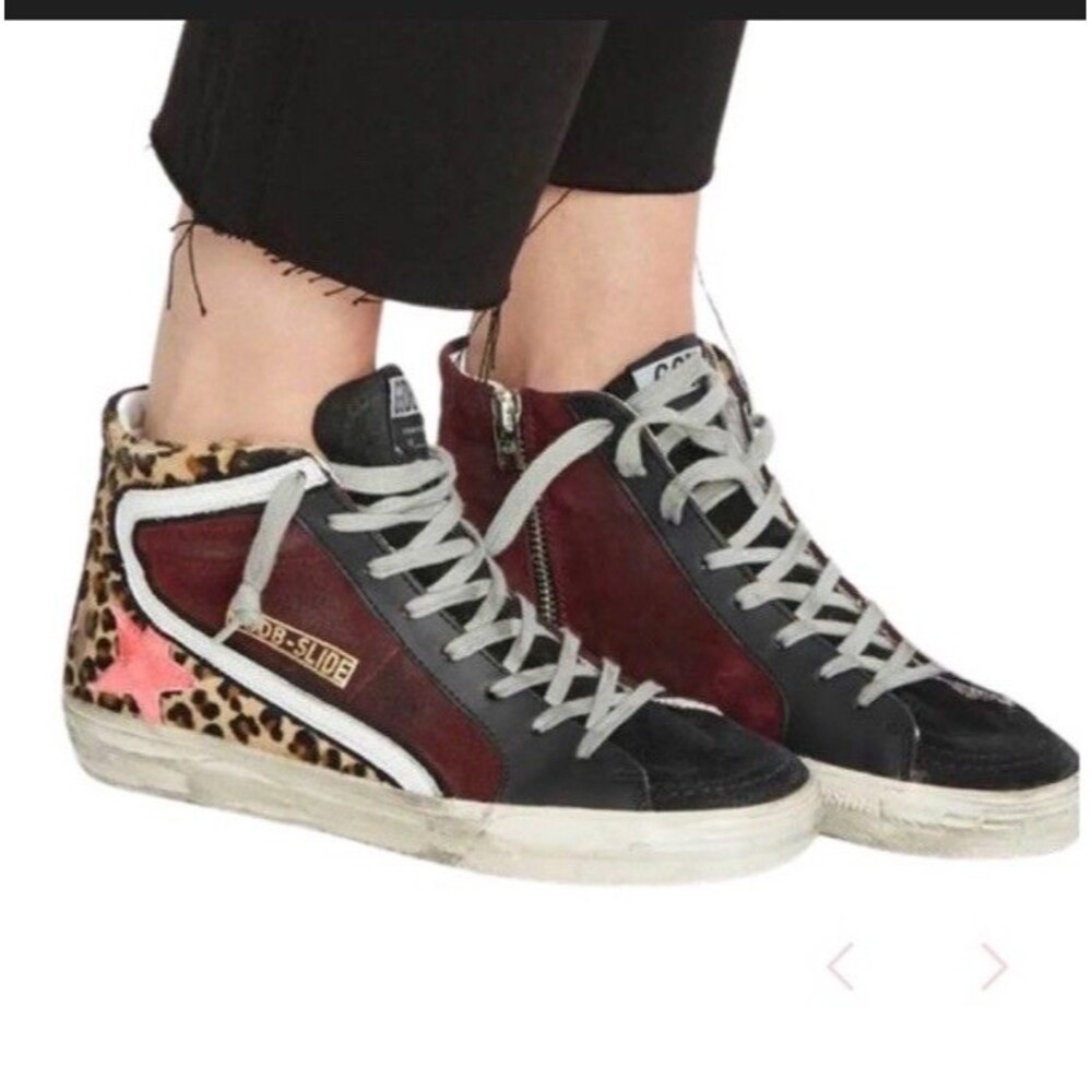 Golden Goose Slide Sneakers Leopard Fur Burgundy Suede Fushia Star Size 37 Or 7